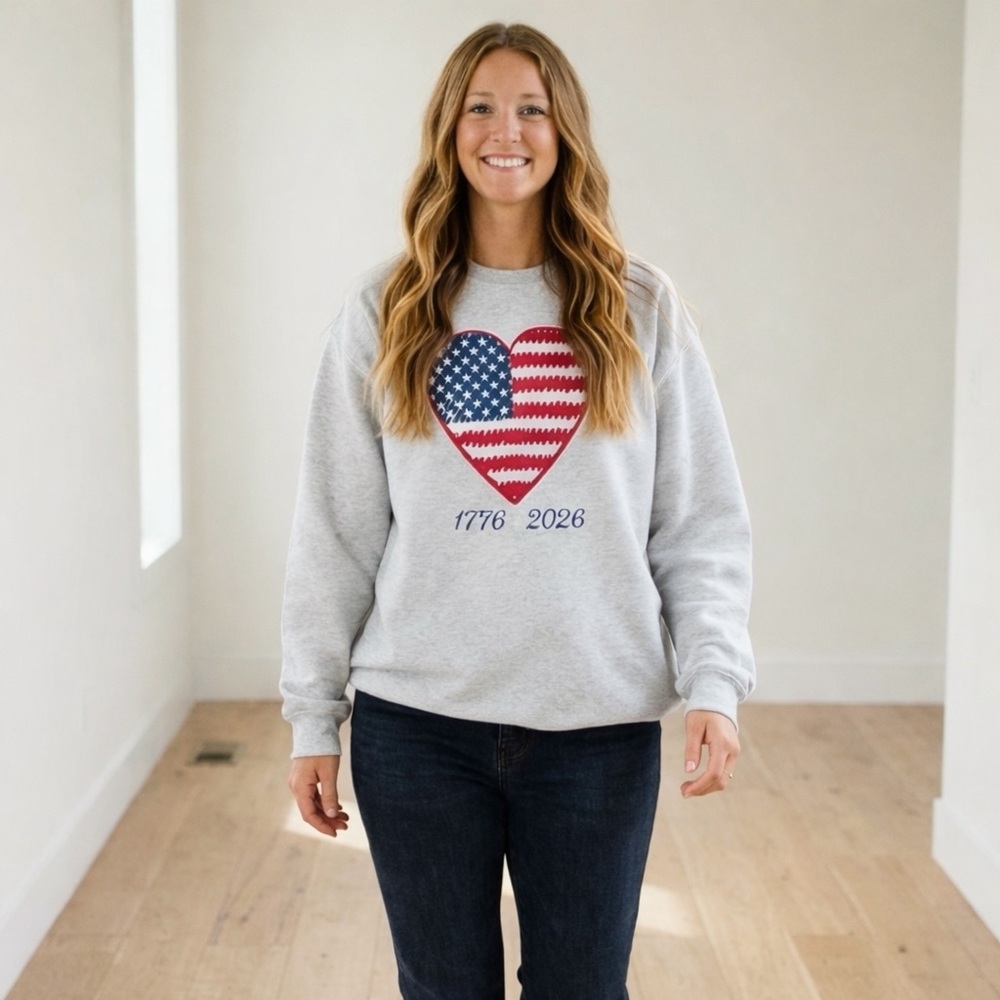 1776-2026 American Heart Flag Crewneck | Patriotic Crewneck Sweatshirt